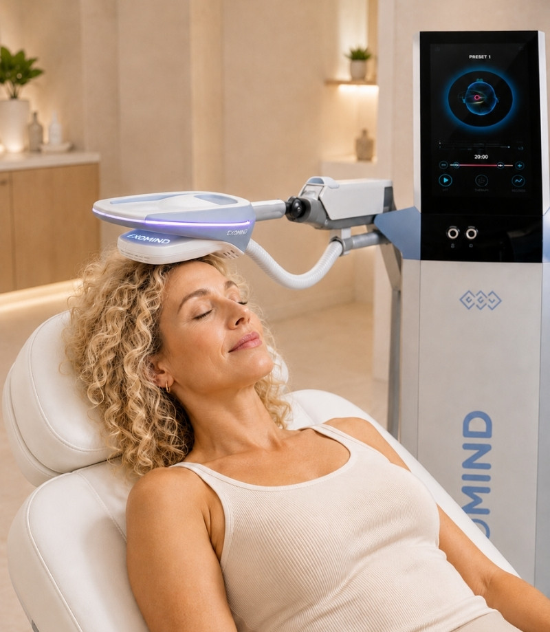 Woman lying back comfortably with an EXOMIND magnetic stimulation coil positioned over her head during a treatment session